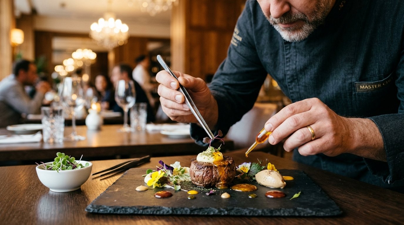 Master Executive Chef Garnishing Fine Dining Platter